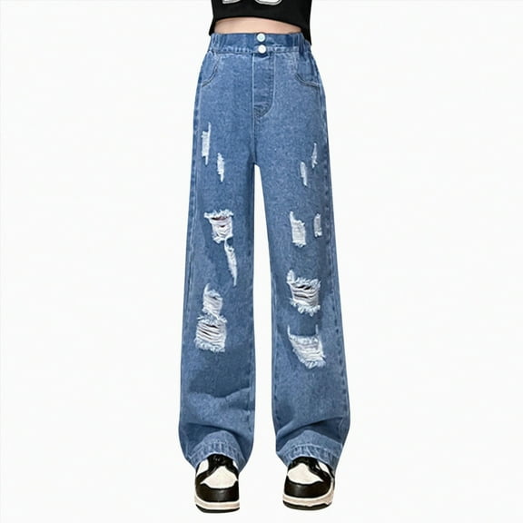 Hessimy Girls Ripped Jeans Elastic Waist Denim Pants Teens Baggy Wide Leg Distressed Jeans With Pockets Kids Streetwear Summer Pantsv Wide Leg Pants (Blue,120.00)