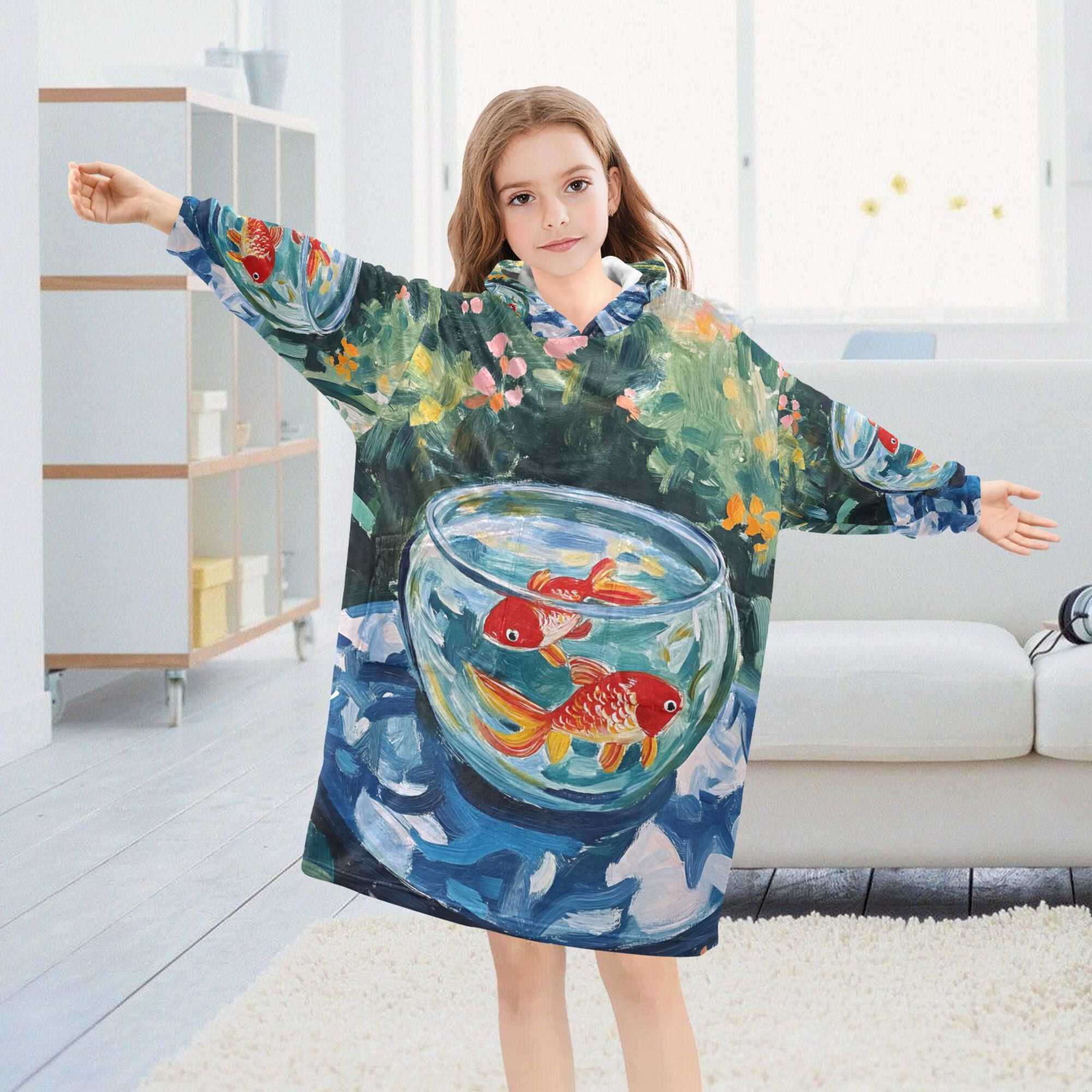 FORMRS Wearable Blanket Hoodie with Sleeves for Kids Cozy Flannel Sweatshirt, Red Goldfish