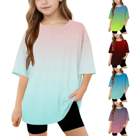 Ashirexll Girls Shirts, Summer Top, 5-15 Years Girls and Boys Fashion Gradient Color Printed T-shirts Loose Soft Short Sleeve Round Neck Summer Shirts