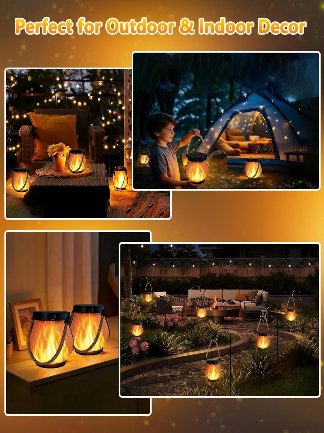 4 Pack Gen2 Solar Lanterns Outdoor Waterproof, Solar Lantern with Dancing Flame, 2 Lighting Modes, Dual Charging USB & Solar, Solar Outdoor Lights with Rope Handle for Camp Garden Tree Tabletop Decor