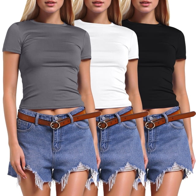 T-Shirts Stylés pour Femmes / Chemises en Coton Fines pour Femmes Col Roulé Simulé Femmes Manches Longues 3 Pcs Haut à Manches Courtes pour Femmes Chemises de Compression pour Femmes Manches Longues Coupe Ajustée Crop Tops