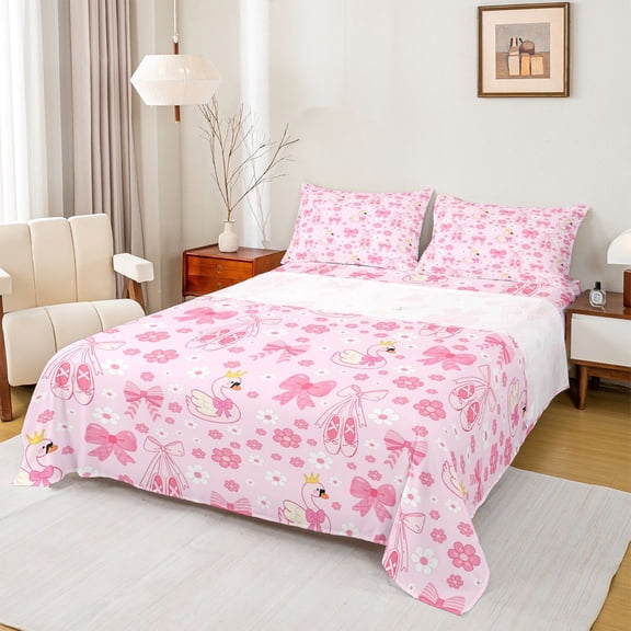 Feelyou Bow Swan Animal Twin Sheet Sets, Pink Blossoms Flower Bedding, 3 Pieces