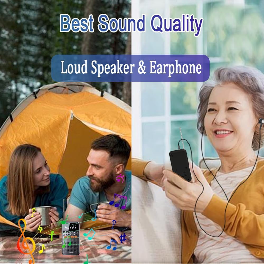 Portable FM Radio with Bluetooth and TF Card Socket, Rechargeable Pocket Radio with Best Reception,Auto Scan, LED Display, Emergency Flashlight for Outdoor Indoor (No AM)