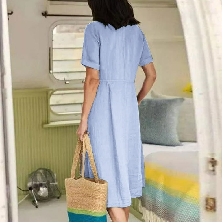 2025 New Women's Summer Solid Color Dress - Loose V-Neck Short Sleeve, Soft Cotton-Linen Blend for All-Day Comfort - Walmart.com 2025 New Women's Summer Solid Color Dress - Loose V-Neck Short Sleeve, Soft Cotton-Linen Blend for All-Day Comfort - Walmart.com