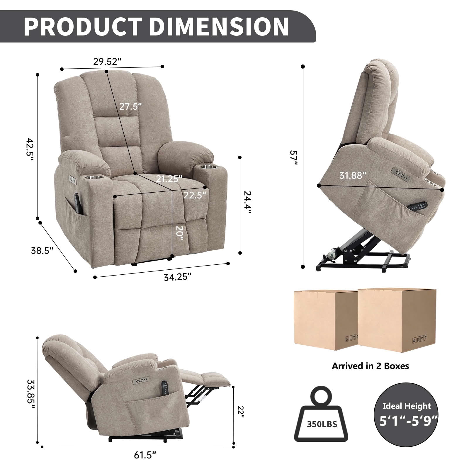 MAYEERTY Khaki Chenille 350lbs Power Lift Recliner, Massage Heat USB-C 34"x39"x42" Wide Overstuffed for Elderly
