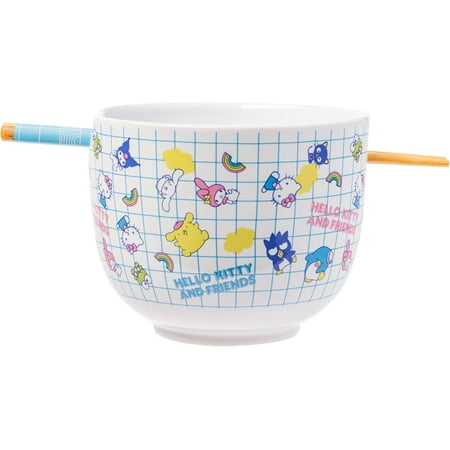 Silver Buffalo Hello Kitty and Friends Kuromi, Keroppi, Chococat, My Melody, Tuxedo Sam, Badtz-Maru, Tuxedo Sam, Pompompurin, Cinnamoroll Ceramic Ramen Noodle Rice Bowl with Chopsticks, 20 Ounces
