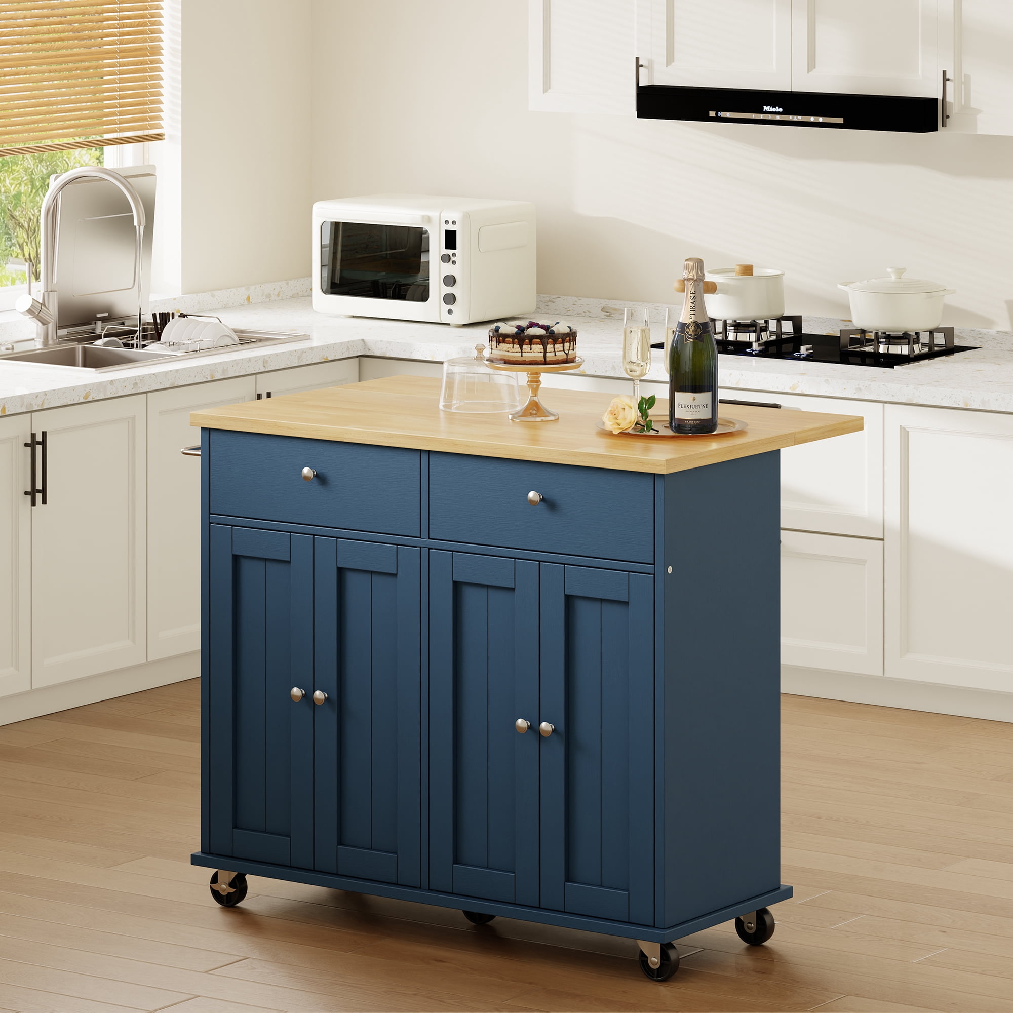 Walsunny Kitchen Islands Carts with Drop Leaf Table 2 Drawers 5 Wheels 4 Magnetic Doors Rolling Storage Cabinet Blue
