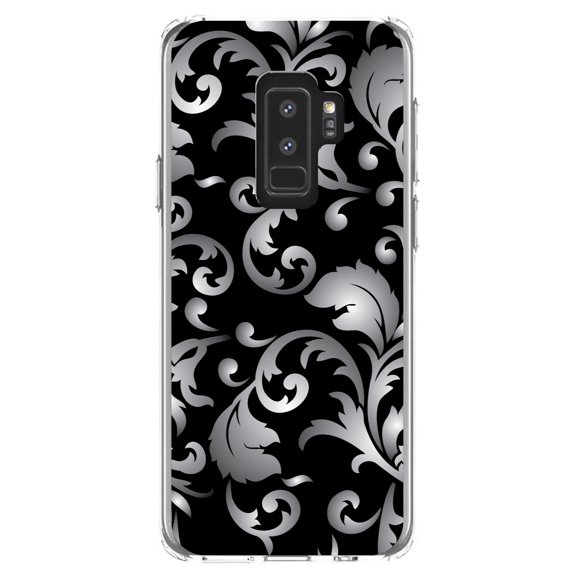 DistinctInk Clear Shockproof Hybrid Case for Samsung Galaxy S9  PLUS (6.2" Screen) - TPU Bumper, Acrylic Back, Tempered Glass Screen Protector - Silver Grey Black White Floral - Floral Damask Pattern