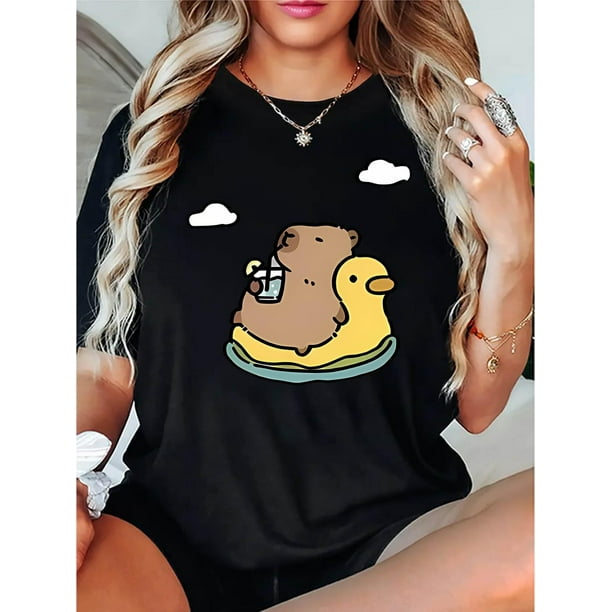 Women'S Casual Summer Short Sleeve Round Neck Polyester Knit Fabric T-Shirt, Creative Duck Water Rat Pattern, for Holiday Comfort