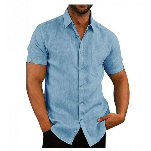 Mens Short Sleeve Linen Cotton Shirts Solid Color Spread Collar Fishing ...
