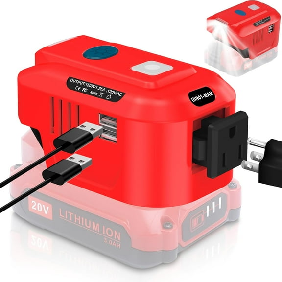 150W Power Inverter for Craftsman 20V V20 Battery, DC 20V to AC 110-120V Battery Inverter, Charger Adapter Battery Powered Outlet w/ 2 USB Ports&AC Outlet&LED Light