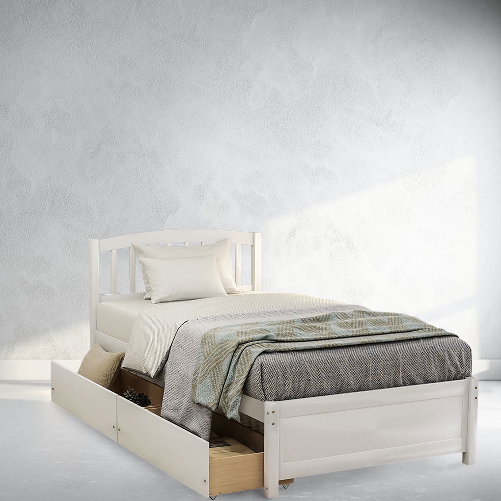 Home Twin Platform Storage Bed Wooden Slatted Bed Frame with 2 Drawers and Headboard White