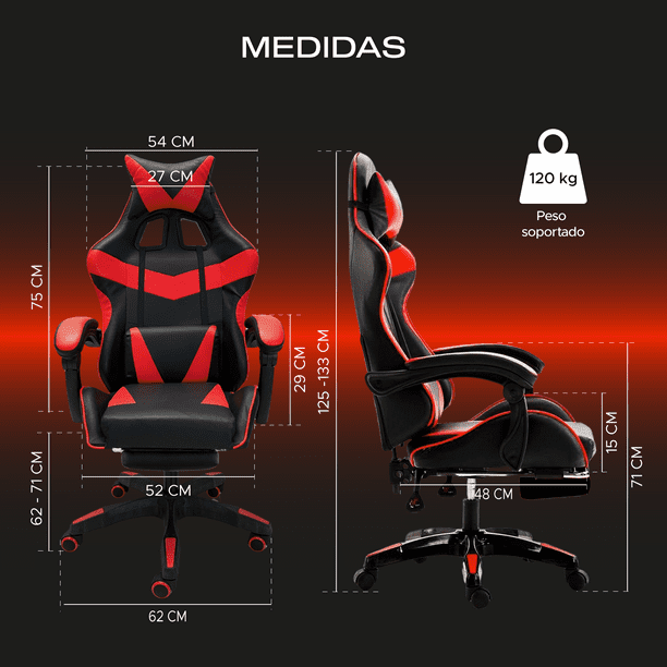 Silla Gaming con Reposapies y Luz LED Premium Gamer rojo pulg