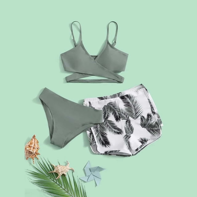 Traje de baño de 2 piezas para mujer, trajes de baño para mujer, bikini liso con tirantes y abertura en V, conjunto de traje de baño de tres piezas para mujer