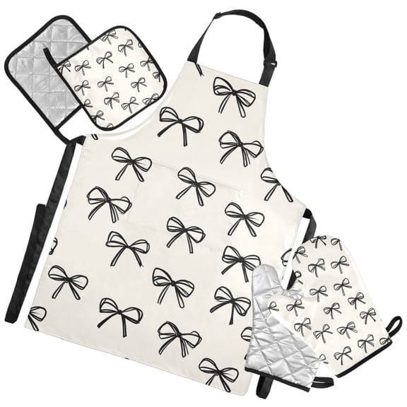Ryvnso Bows Beige Kitchen Apron Oven Mitts Set Pot Holders