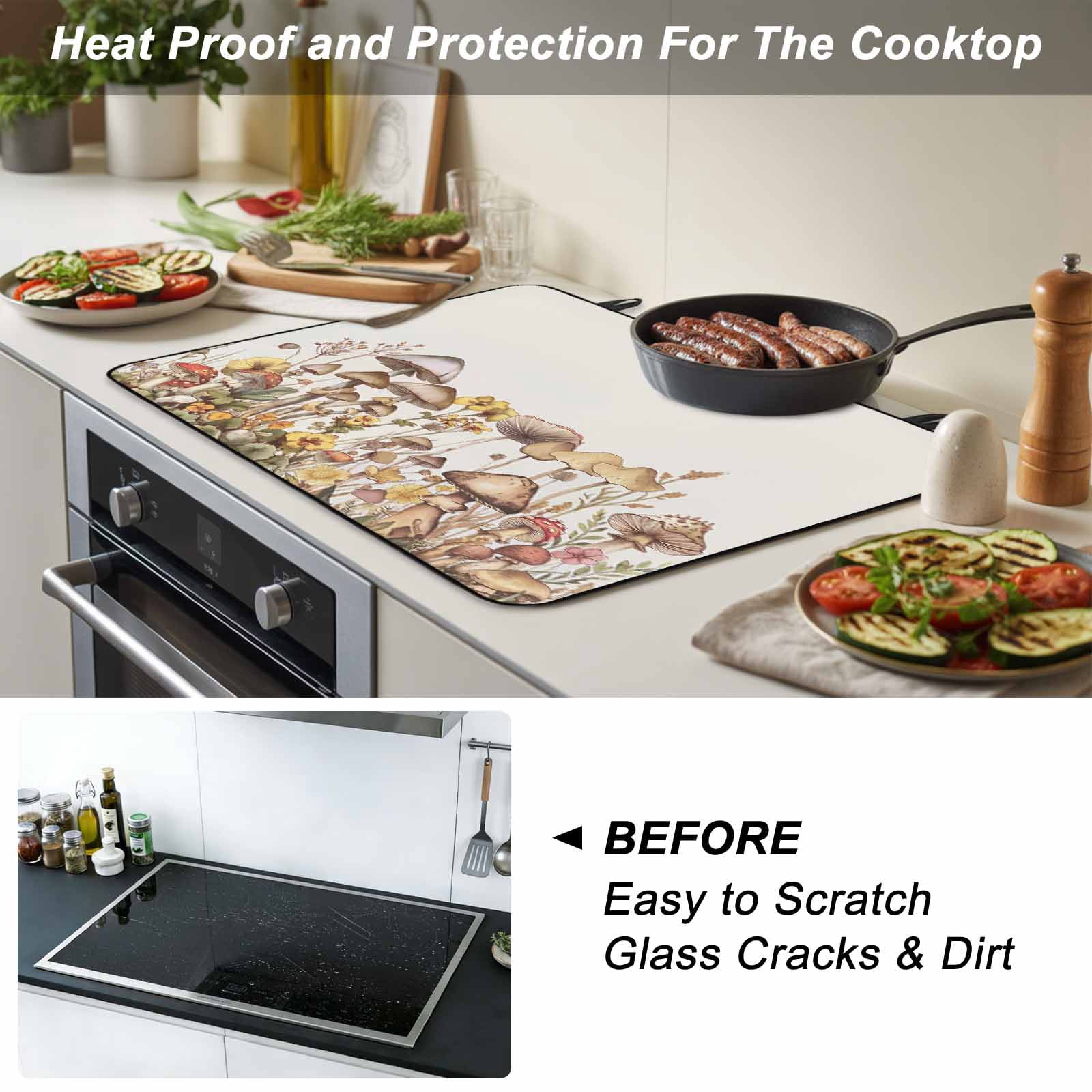 Vintage Mushroom Stove Top Cover for Electric Stove, Heat-proof & Non Slip Glass Top Stove Cover Protector, Farmhouse Summer Botanical Floral Kitchen Flat Cooktop Rubber Mat 28.5x20.5 Inches