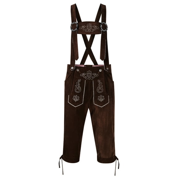 Oktoberfest Costume Men German Bavarian Lederhosen Trousers for Men Embroidery Strap Pants Vintage Faux Fleece Party Dress Pants Dark Coffee S