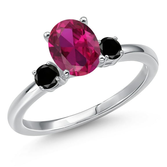 Gem Stone King 14K White Gold Red Created Ruby and Black Diamond Engagement Ring for Women | 1.55 Cttw | Oval 8X6MM | Gemstone July Birthstone | Size 7