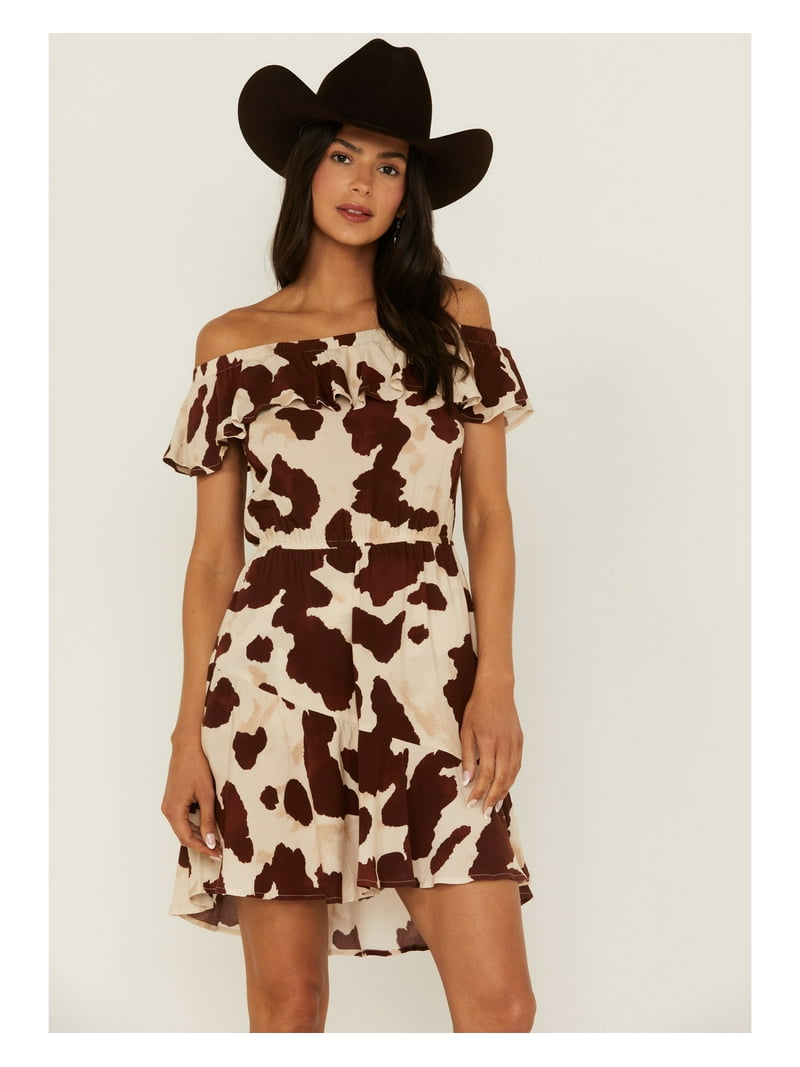 knee length dresses for ladies Well Versed Pleated Mini Dress Cow Print Beige/Brown– Selfie Leslie main image 0