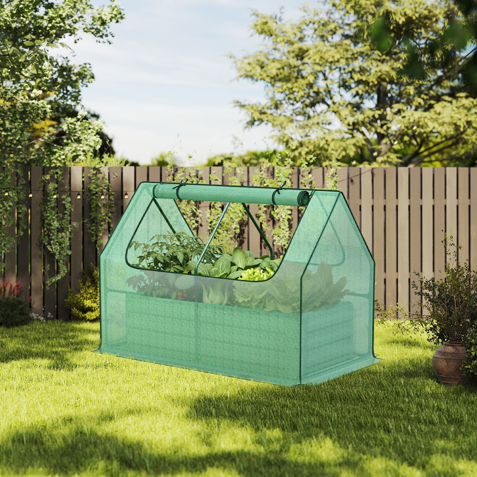 Aoodor Raised Garden Bed Kit, 4x2x3 ft Galvanized Planter Box with PE Cover, Screen Windows for Gardening, Green