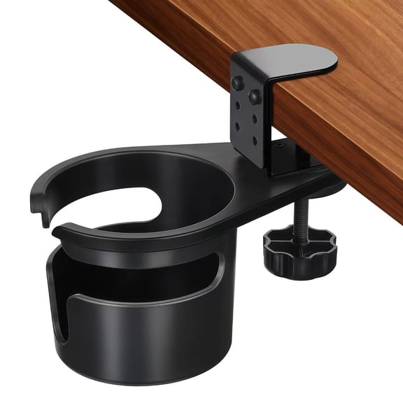 LHYXU Desk Cup Holder Clamp, Anti-Spill Clip On Table Cup Holder, Rotatable Water Bottle Stand Drink Coffee Mug Storage, Office Accessories for Home and School (Black)