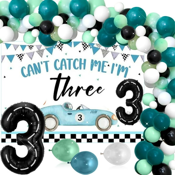 Racing Car Racing 3rd Birthday Party Decor Set - Race Track Flag Background Cloth   30-Inch 3D "3" Balloon   Four-Color Latex Balloon Set