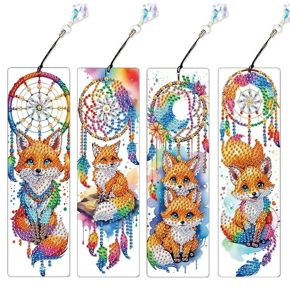 4pcs Diamond Painting Bookmark Kit 5D DIY Dreamcatcher Fox Design with Shimmering Handcrafted Artwork For Book Lovers Perfect for Birthdays, Christmas, and Holidays