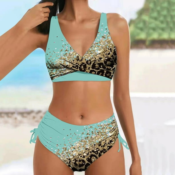 Bikini Mujer Traje de Baño Conjunto de Tankinis Push Up Sexy Para Mujer, Bikini Retro Fruncido de Cintura Alta, Traje de Baño de Dos Piezas, Traje de Baño Estampado, Ropa de Playa