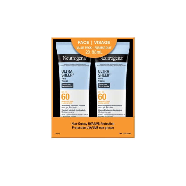 Neutrogena Ultra Sheer Face Sunscreen SPF 60 twin pack with two 88 ml tubes offering broad-spectrum UVA/UVB protection, lightweight, non-greasy, moisturizing antioxidant vitamin E formula, water- and sweat-resistant for up to 80 minutes, ideal for daily face sun care.