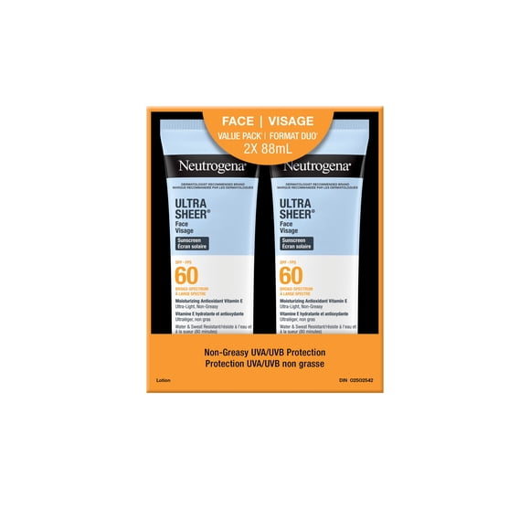 Neutrogena Ultra Sheer Face Sunscreen SPF 60, Non-greasy, Lightweight, 88 ml Twin pack