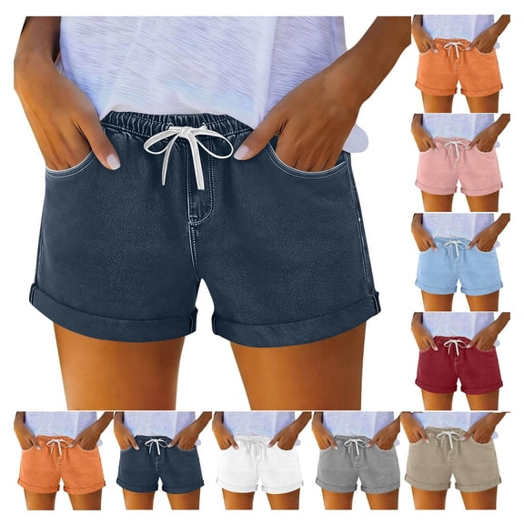 Ihhxva Linen Shorts for Women High Waisted Straight Leg Fashion Elastic Waist Stretchable Casual Workout Beach Lounge Shorts S-2XL