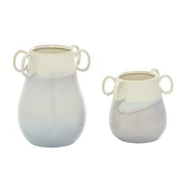 DecMode 12", 8"H White Ceramic Vase with Handles, Set of 2