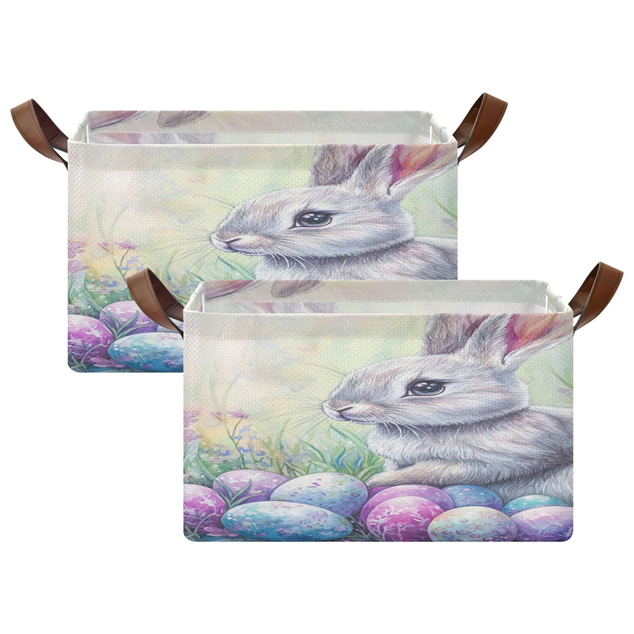 WOBOGO Easter Blue Bunny Storage Basket 16.9×11.4×10in Collapsible Oversized with Metal Iron Frame Set of 1