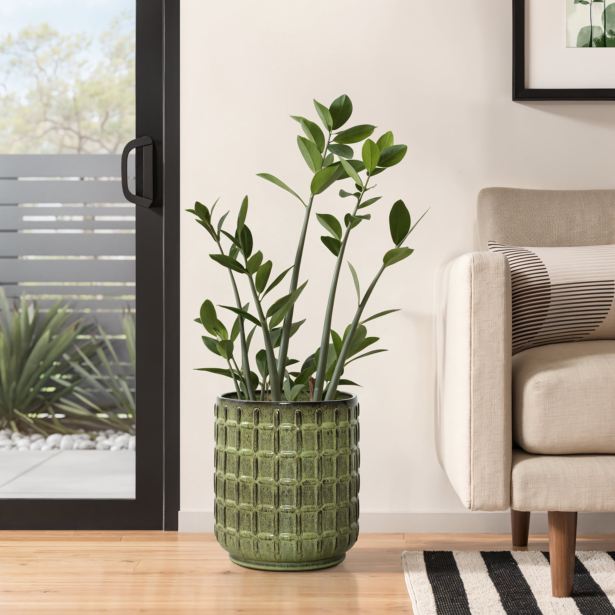 LuxenHome 14" Tall Ceramic Planter Pot for Indoor Outdoor Plants with Geometric Texture, Large Garden Plant Pots with Drainage Hole, Green