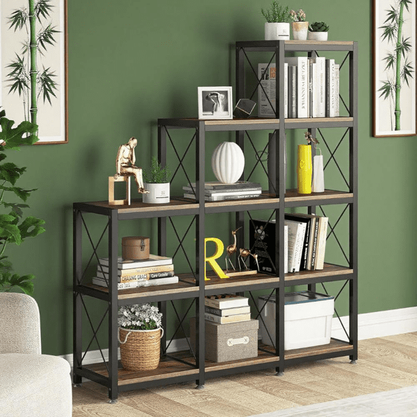 9-Cube Vintage Ladder Bookcase, Stepped Staircase Design, Space-Saving Etagere for Home/Office, Easy Assembly