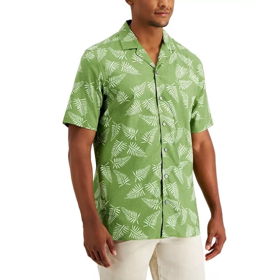 Alfani Men’s Regular-Fit Fern-Print Camp Shirt, Green, XX-Large