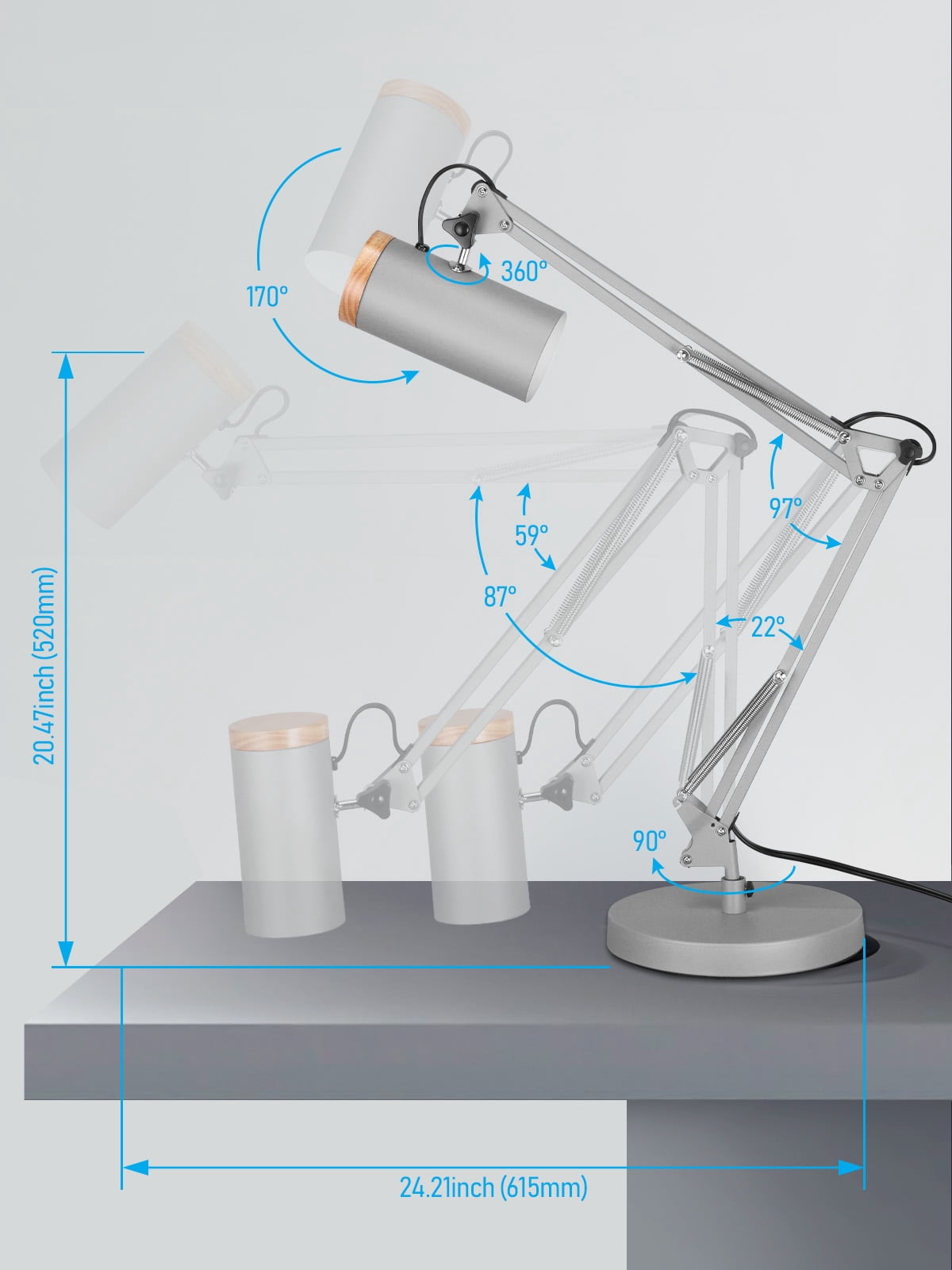 2 Pack Adjustable Metal Table Lamp, Large Size Max Height 29.7", E26 Base, Swing Arm Desk Light with Wooden Accent, Grey