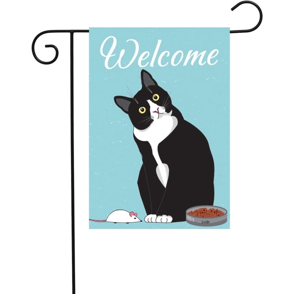 PANHUI Drapeau de Jardin Chat Noir Bienvenue, Drapeau Décoratif Saisonnier pour Maison, Cour Extérieure, Pelouse, Double Face 12 x 18 Pouces