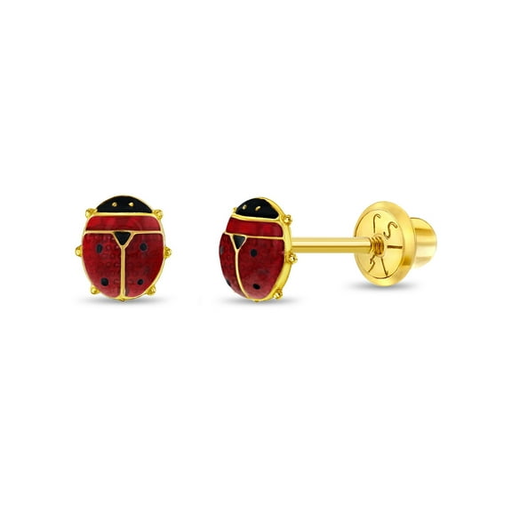 14k Yellow Gold 5mm Red Enamel Ladybug Screw Back Earrings for Infants-Toddlers