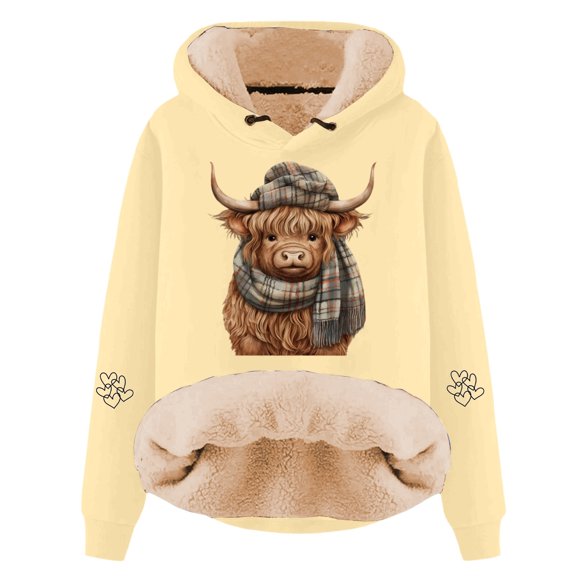 IWRICH Valentine's Day Hoodies for Women Cow with Scarf Printed Hooded Sweatshirts Sherpa Lined Pullover Tops Yellow XL