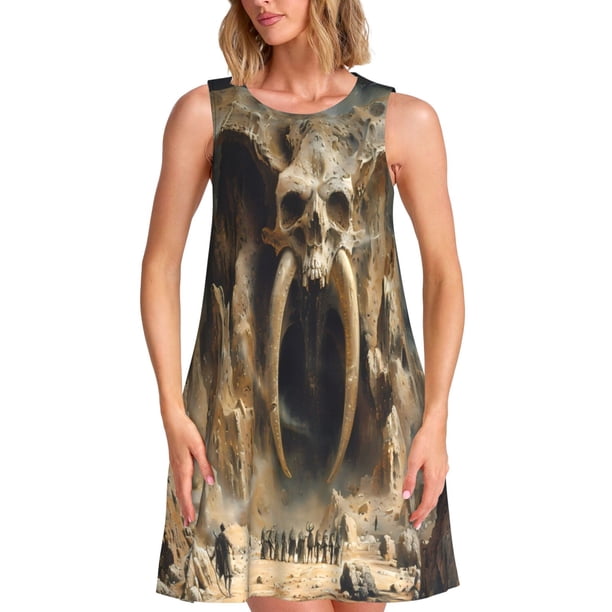 Fotbe Ancient Skull Cave Landscape Vestido de Verano sin Mangas para Mujer – Vestido Midi Línea A, Estilo Camiseta Floral, Vestido Playero Casual y Fluido