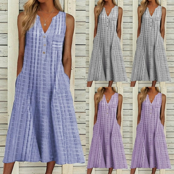 Jacenvly New Sundresses for Women 2024 Women'S Fashion Casual Sleeveless V-Neck Button Striped Print Pocket Maxi Dress Lightweight Loose Casual Dresses for Women Blue