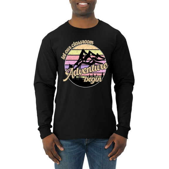 Wild Bobby Let Our Classroom Adventure Begin Mountain Sunset Light Colors Pop Culture Men Long Sleeve Shirt, Black, Small