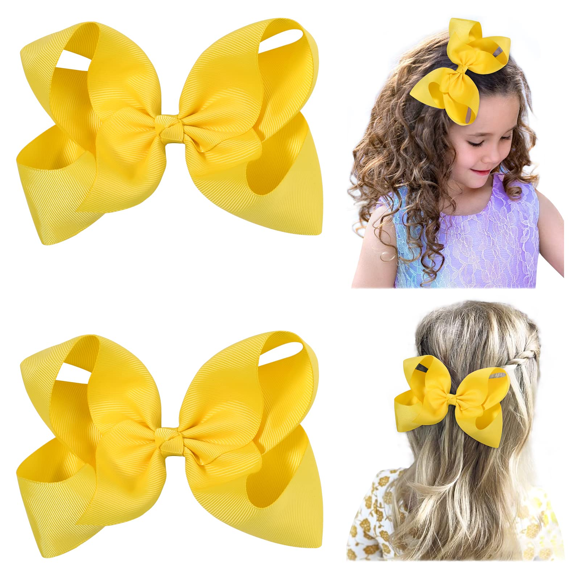 Choicbaby 2pcs 6" Big Hair Bows for Girls Alligator Clips Grosgrain Ribbon Solid Color Hair Accessories for Teen Little Toddler Girls,Yellow