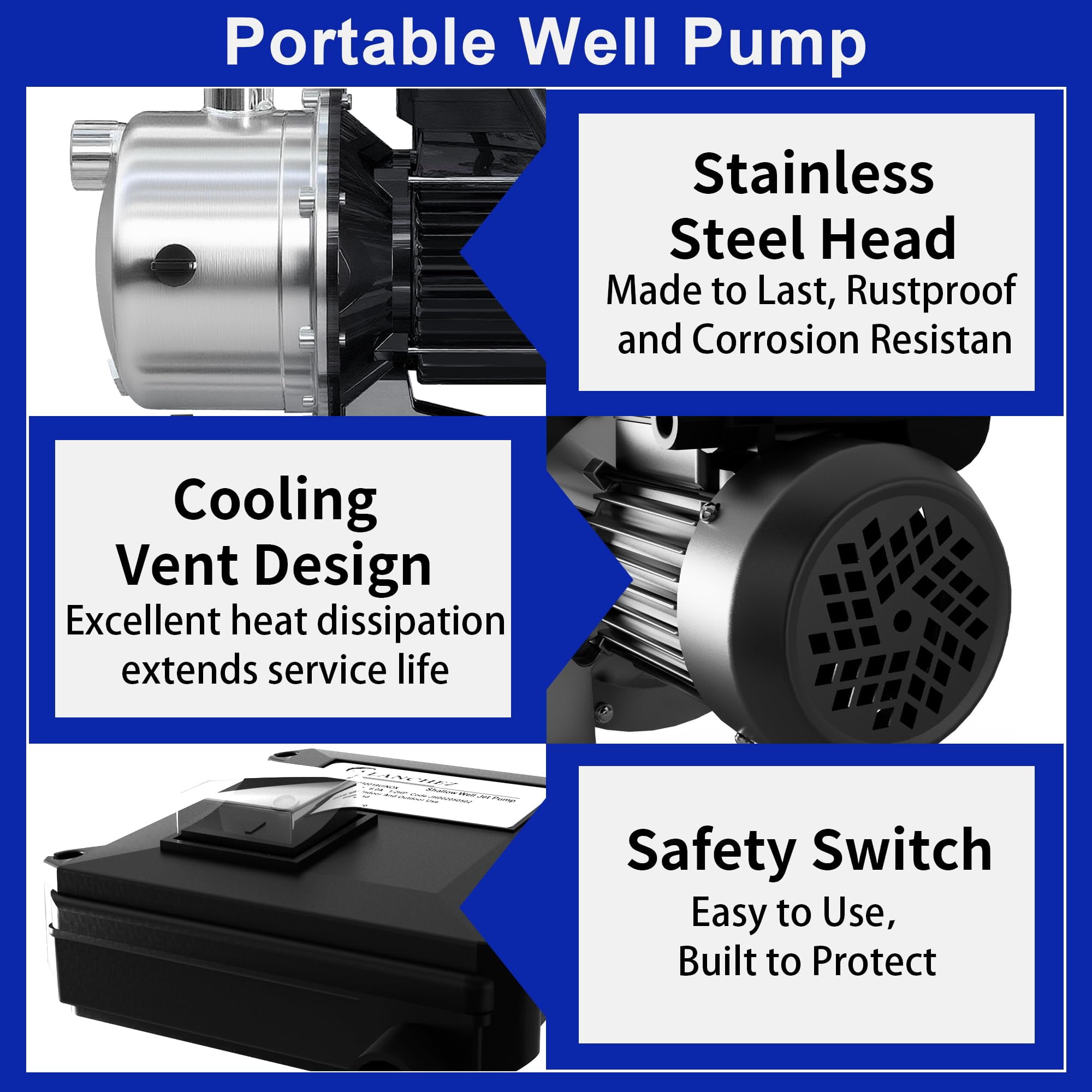 LANCHEZ 1.2 HP Stainless Steel Shallow Well Pump 115V 2100 GPH Water Booster Jet Pump