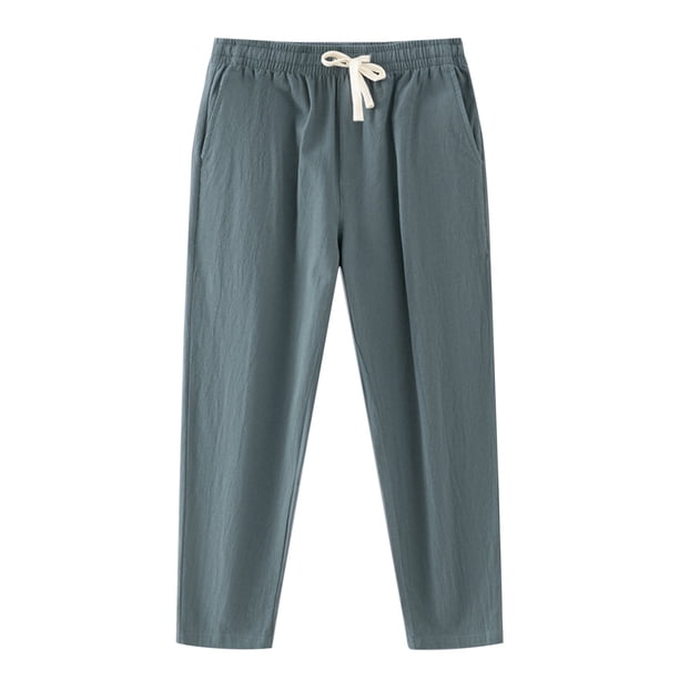 Pantalones retro de cintura baja con cordón para hombre - Imitación de algodón y lino, informales, bolsillos, para correr