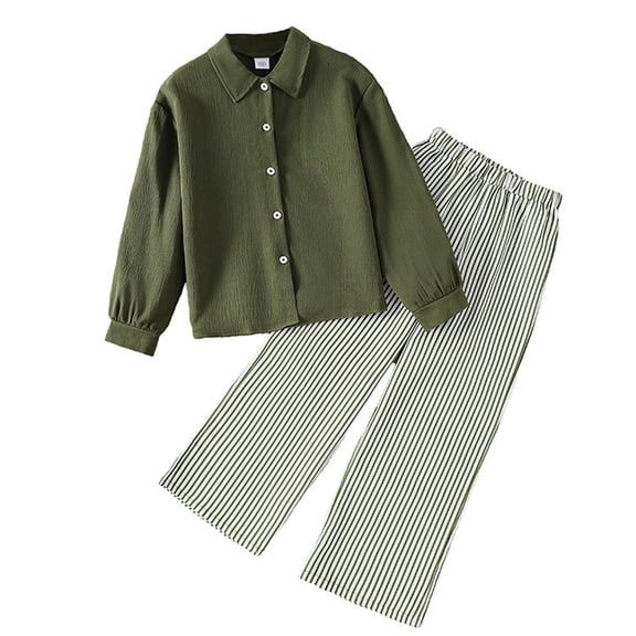 Afdoent Girls 2 Piece Outfit Long Sleeve Striped Blouse Stripe Wide Leg Pants Casual Kids Fall Outfits 7-8 Years