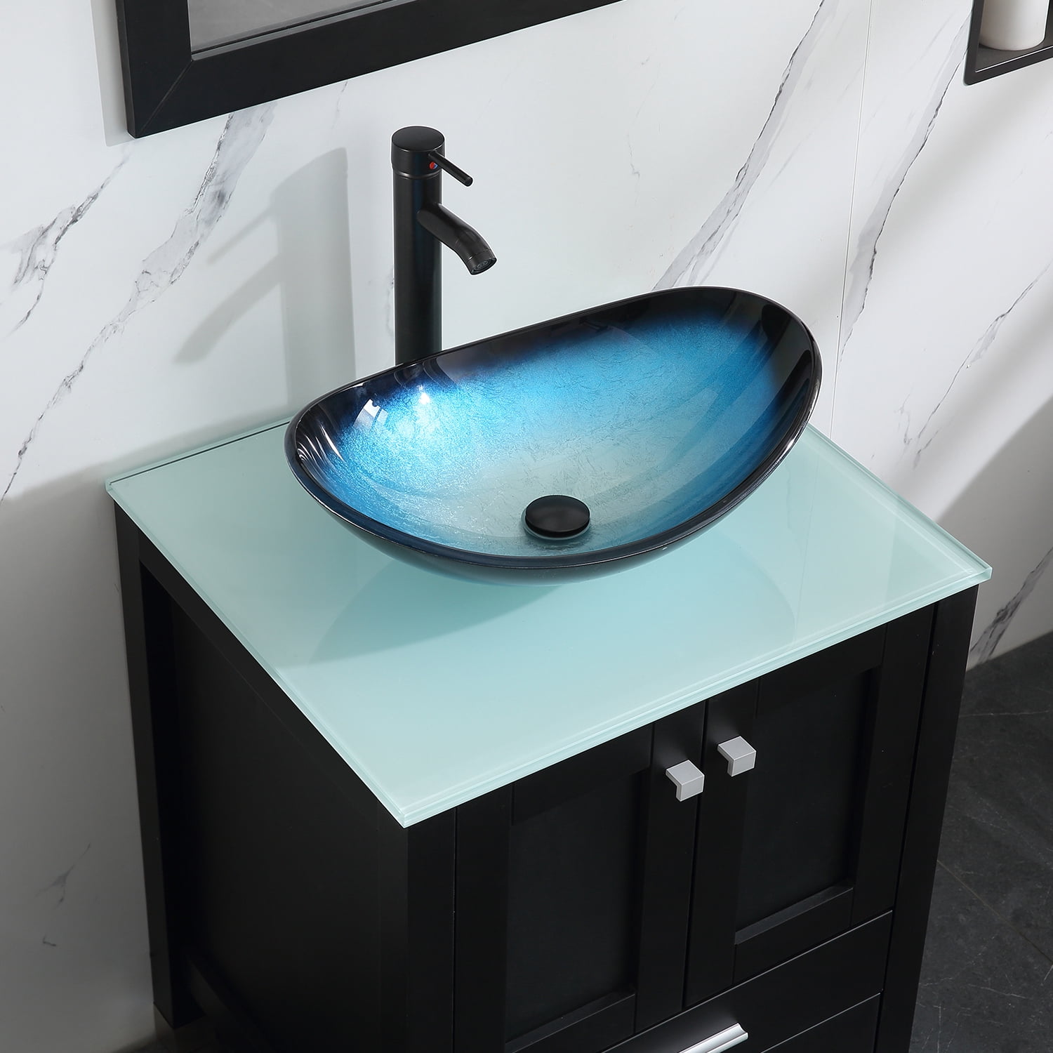 Wonline 24" Black Bathroom Wood Vanity Cabinet & Tempered Glass Vessel Sink Bowl + Faucet /Drain