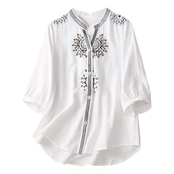 Floral Print Cotton Linen Shirts Women Button Down V Neck 3/4 Sleeve 2025 New Casual Loose Summer Fall Stylish Work Vacation Tops,White,2XL