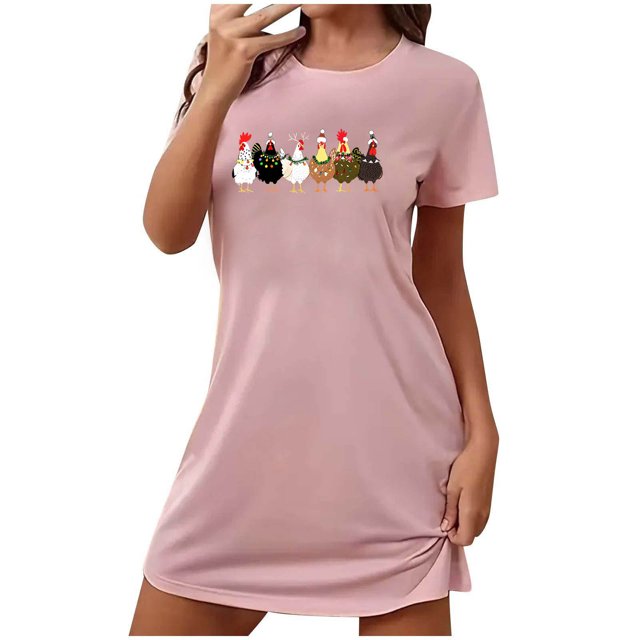 Sakmal Robe de Nuit Confortable pour Femmes Grande Taille Rose de Noël Ultra Douce Chemise de Nuit Courte Col Rond Imprimé Dindes Manches Courtes Robes de Nuit P-2TG